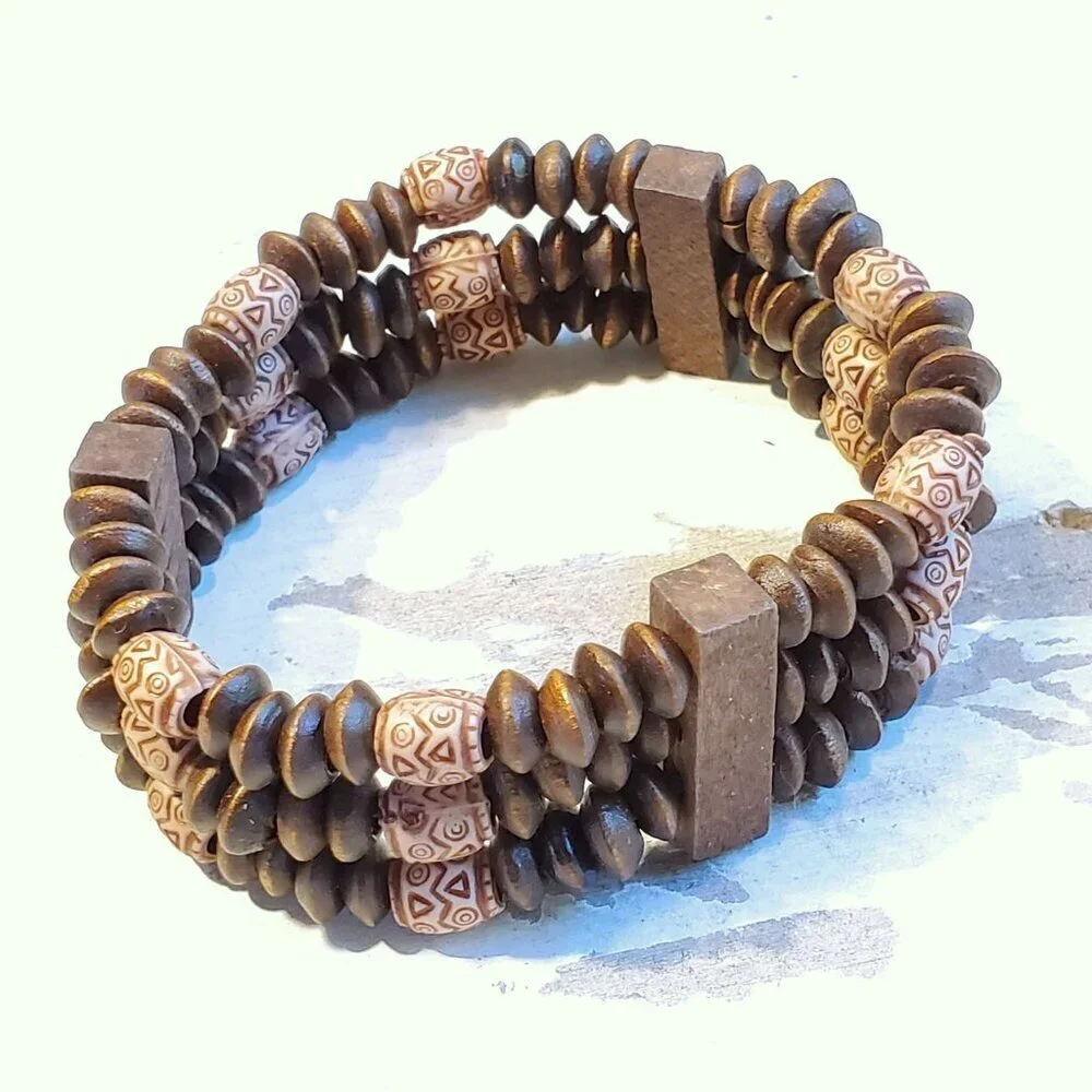 90s Y2K Vintage Boho Brown Tan Wood Acrylic Saucer Beads Stretch Bracelet